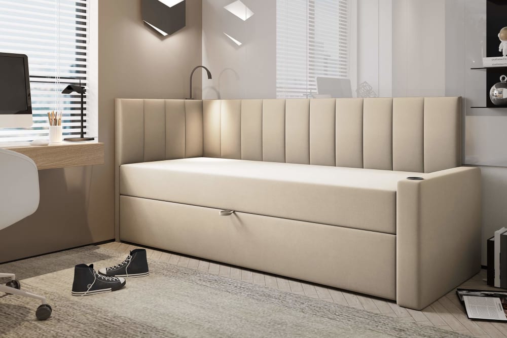 Boxspringbett 80x200 mit Bettkasten und Matratze Rechts Beige -