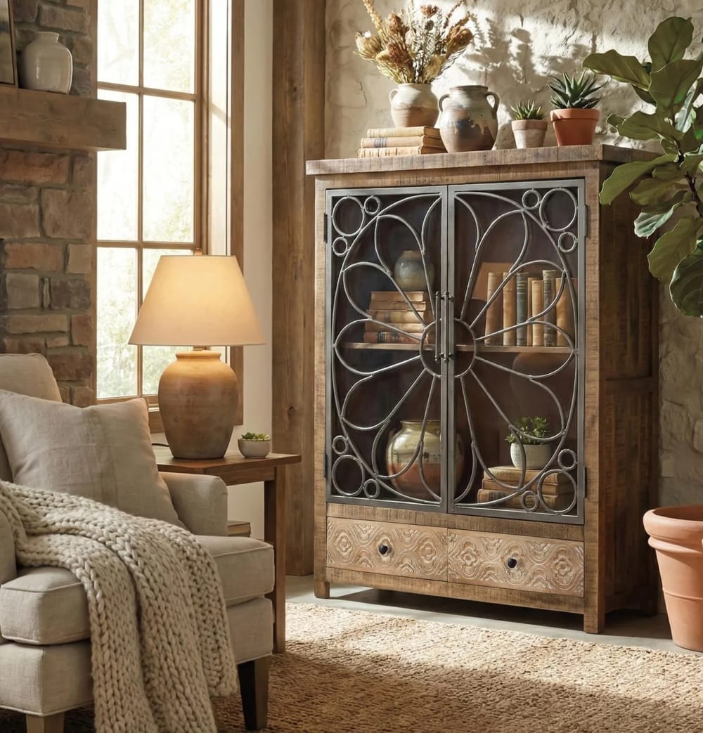 Vitrine en bois manguier marron vieilli