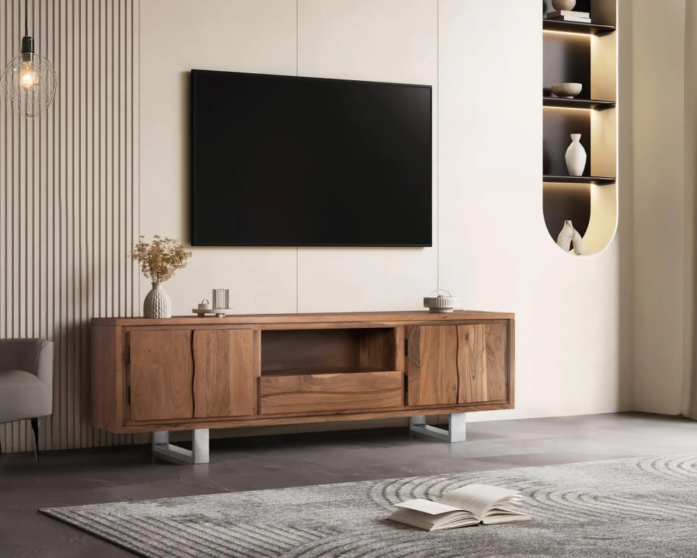 Meuble tv en bois d'acacia naturel et métal argenté