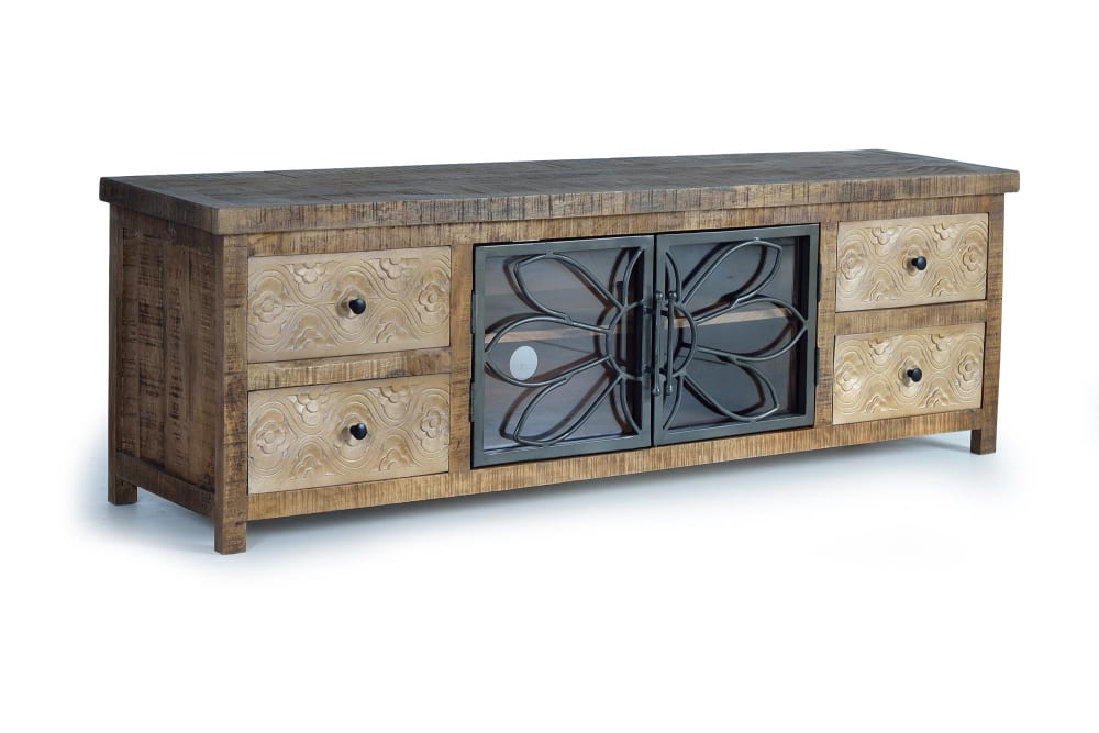 Meuble TV en bois manguier marron vieilli et métal