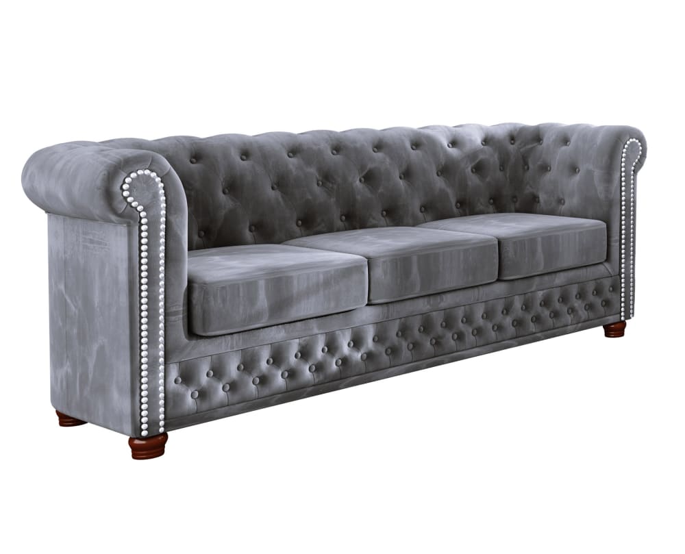 3-Sitzer Chesterfield Sofa aus Samt-Bezug, Grau