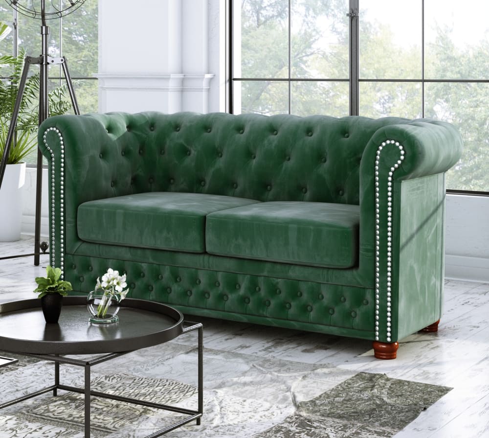 2-Sitzer Chesterfield Sofa aus Samt-Bezug, Flasche grün - Maisons