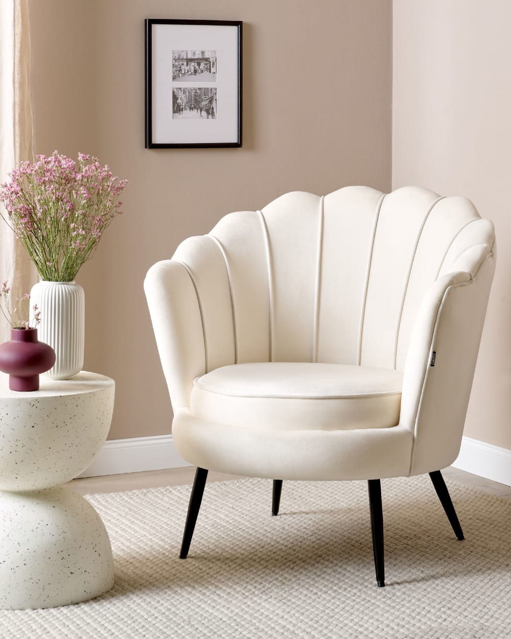 Fauteuil velours blanc cassé