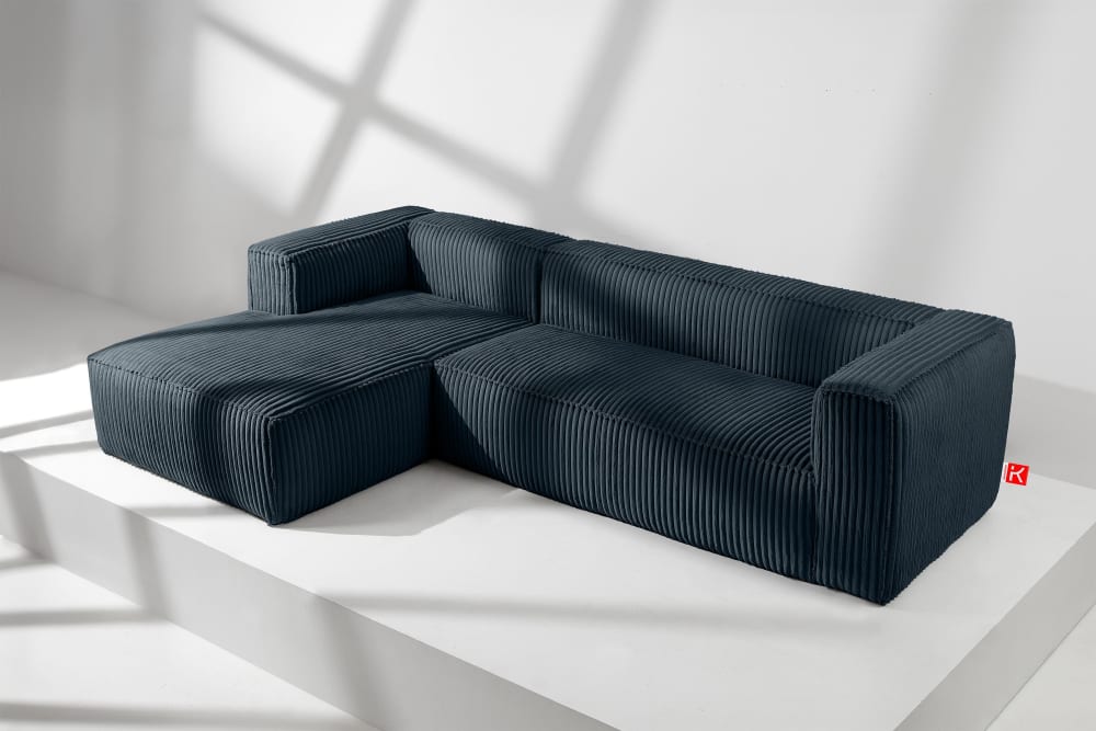 Modernes Ecksofa Links aus breitem Cordstoff, marineblau -
