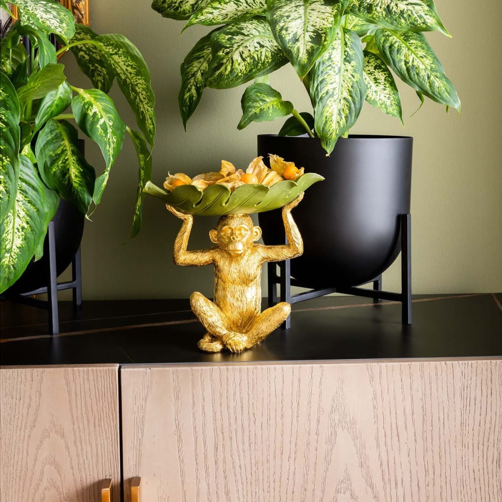 Coupe singe doré et feuille verte en polyrésine — vue 3