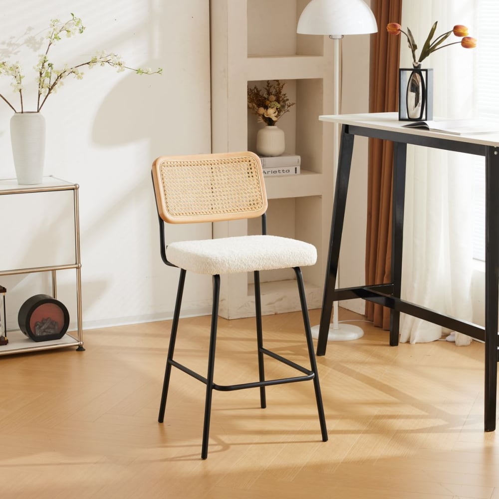 Lot de 2 chaises de bar noires en cannage et tissu bouclé beige - Maisons du Monde