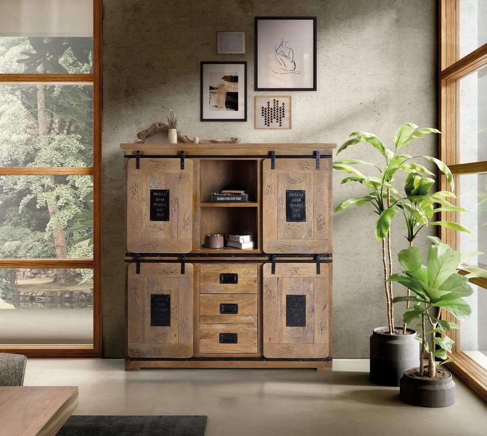 Industrie-Stil Anrichte aus Mangoholz mit Metallelementen -