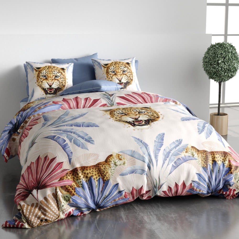 Atelier du coton Parure de couette 100% coton 57 fils imprimée 240x220cm 2 taies style classique chic Bleu
