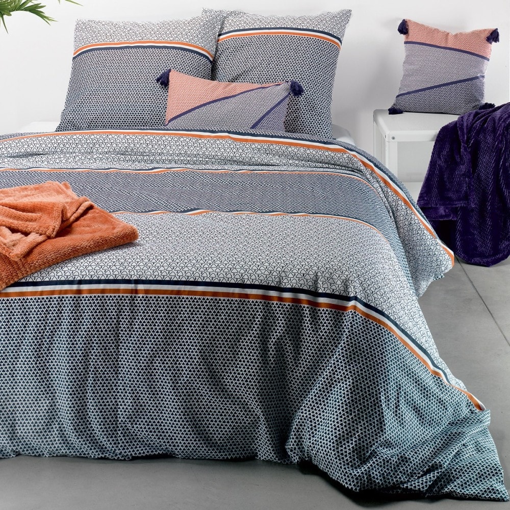 Atelier du coton Parure de couette 100% coton 57 fils imprimée 260x240cm 2 taies style classique chic Blanc