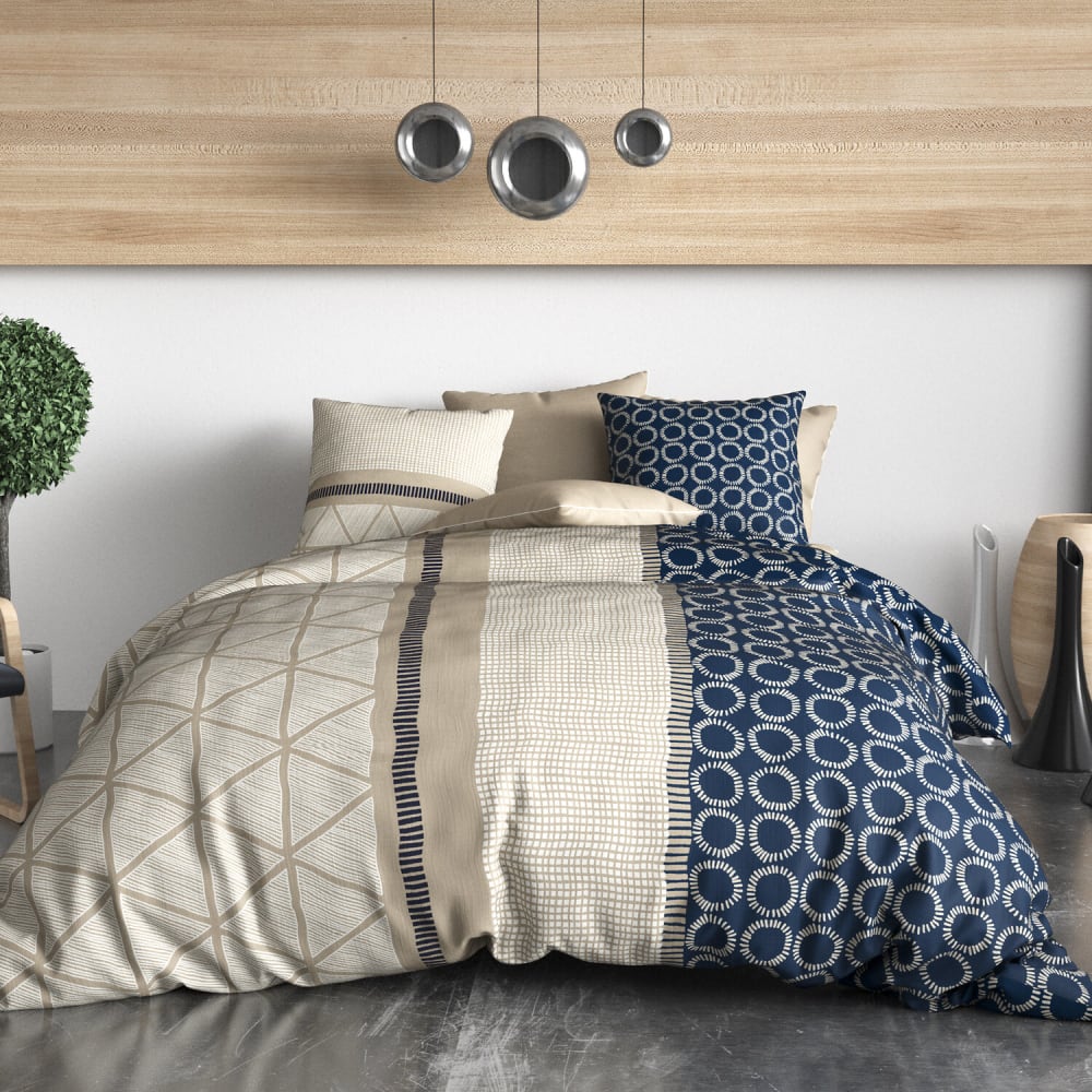 Parure housse de couette coton imprimée + 2 taies 260x240 cm