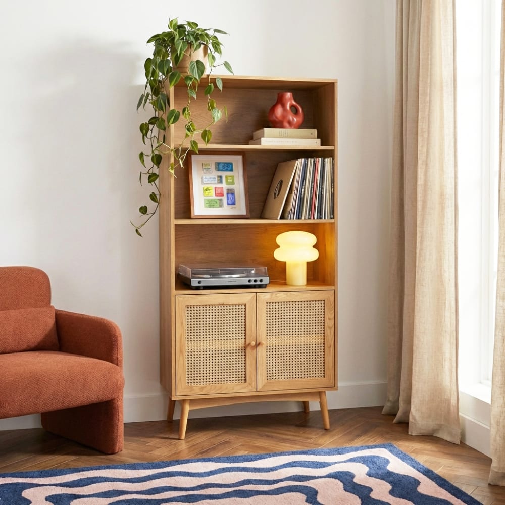 Bibliothèque  effet chêne et cannage rotin