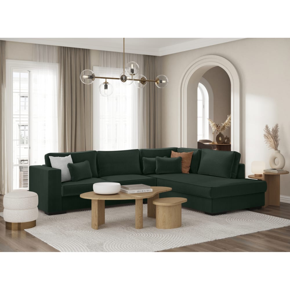 Canapé d'angle droit XXL 6 places en velours côtelé - Vert foncé
