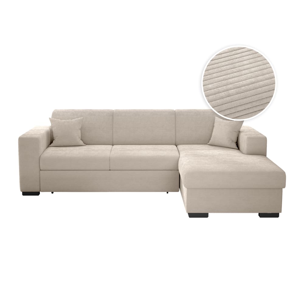 Canapé d'angle droit convertible avec coffre en velours côtelé - Beige