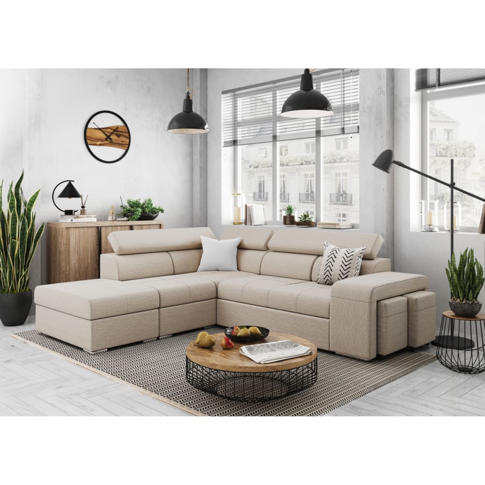 Canapé d'angle convertible en tissu - Beige - Angle Gauche