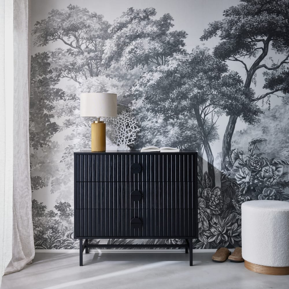 sweeek Kommode mit 3 Schubladen in schwarz mit geriffeltem Holzdekor style modern - Spanplatte