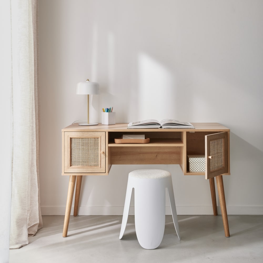 sweeek Schreibtisch mit Rohrgeflecht, hellem Holzdekor und 2 Türen B 120 cm style vintage Beige Spanplatte