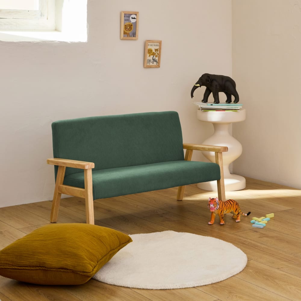 sweeek 2-Sitzer Bank für Kinder Cord und Hevea-Holz, Khaki GRÜN SAMT Kinder