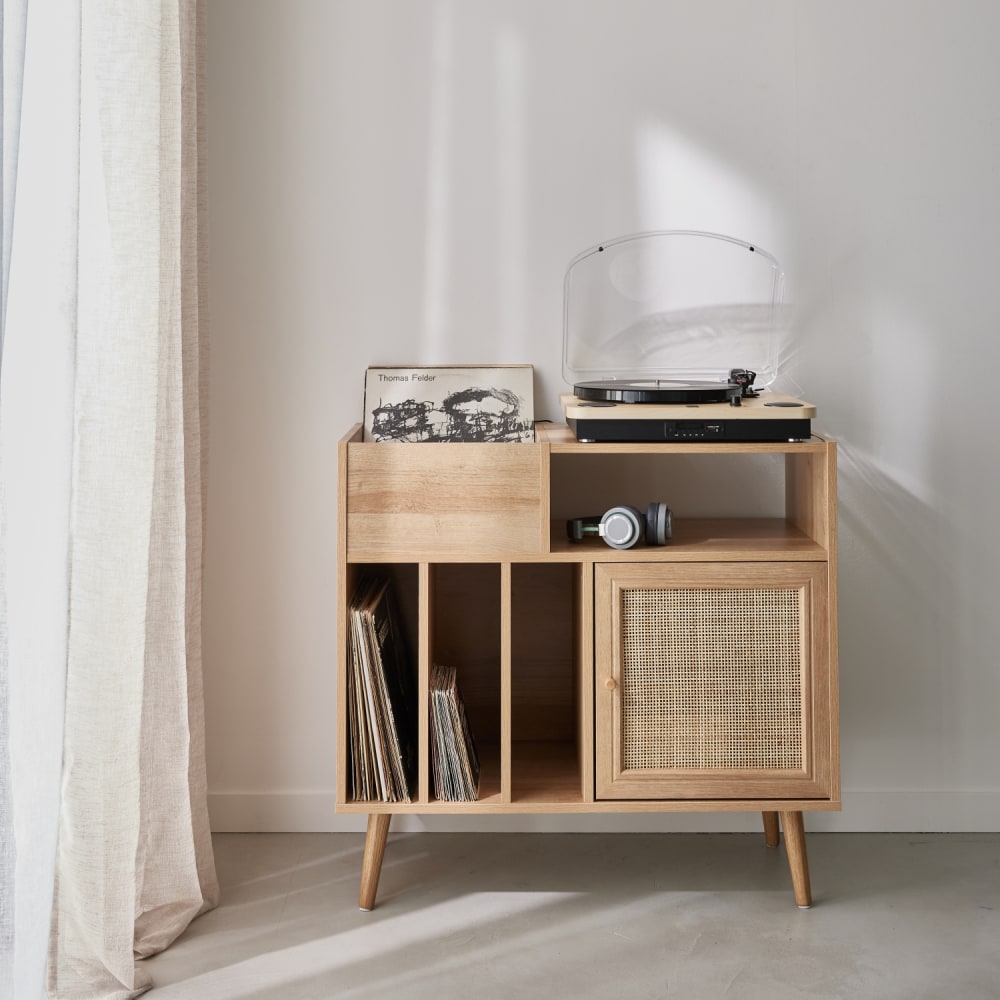 sweeek Schallplattenschrank mit Rattan-Geflecht und Holzdekor 1 Tür B 83 cm style classic chic Beige Spanplatte