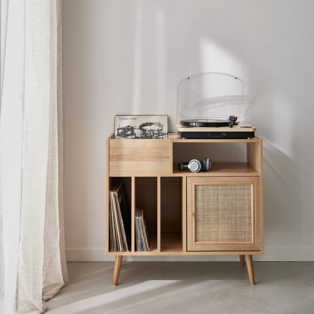 Meuble vinyle cannage et décor bois 1 porte