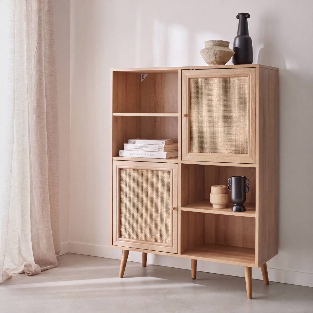 Buffet de rangement cannage et décor bois 2 portes