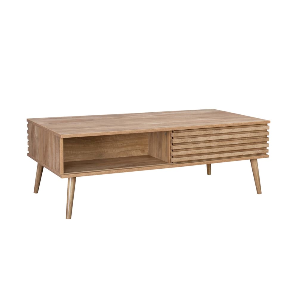 Table basse portes coulissantes décor bois rainuré