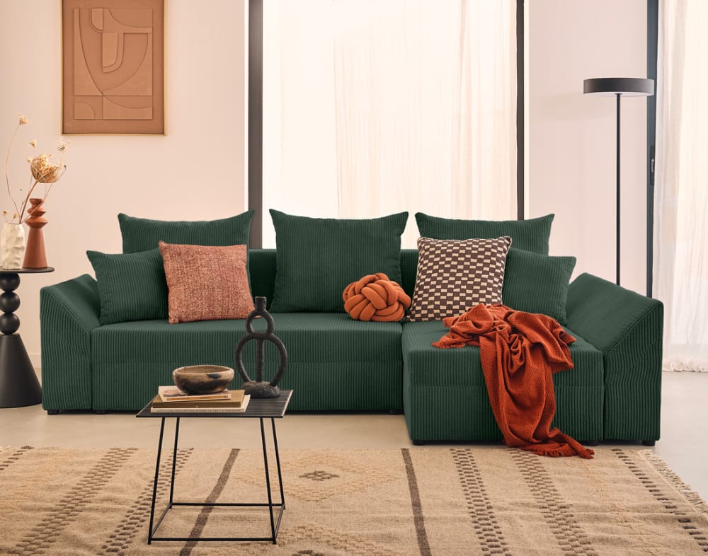 Canapé d'angle réversible convertible 4 places en velours côtelé vert - Maisons du Monde