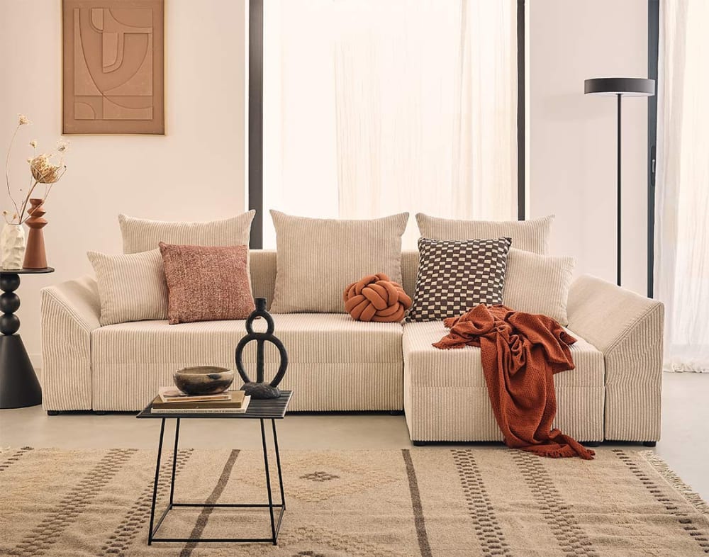 Canapé d'angle réversible convertible 4 places en velours côtelé beige - Maisons du Monde