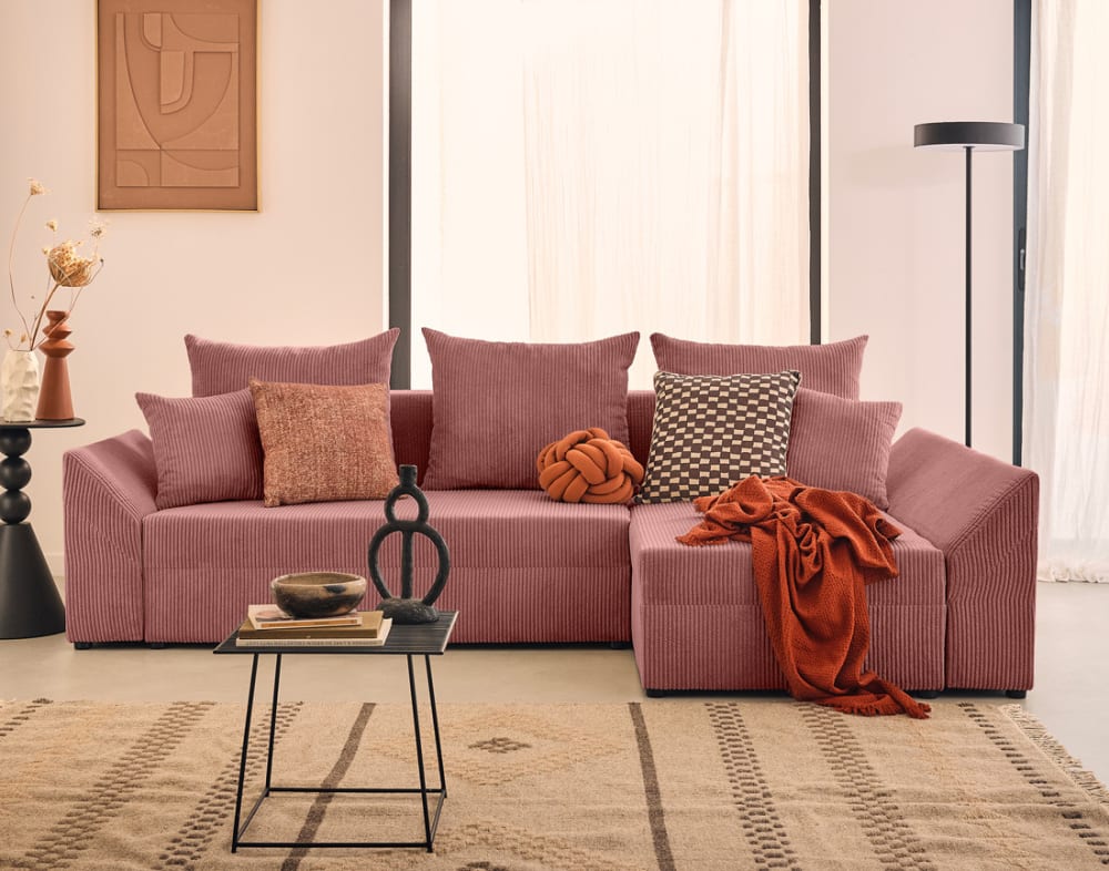 Canapé d'angle réversible convertible 4 places en velours côtelé rose