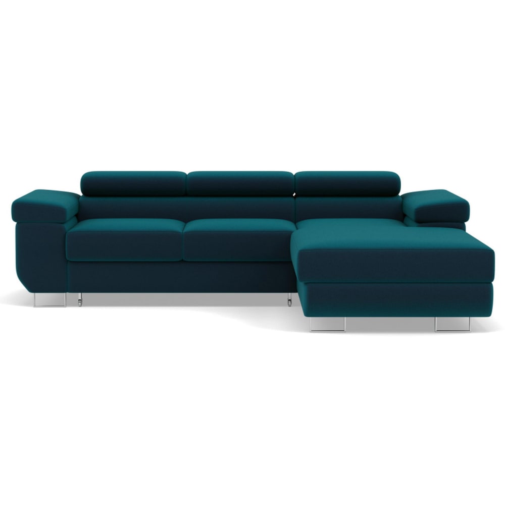 Canapé d'angle droit convertible 6 places en velours bleu canard