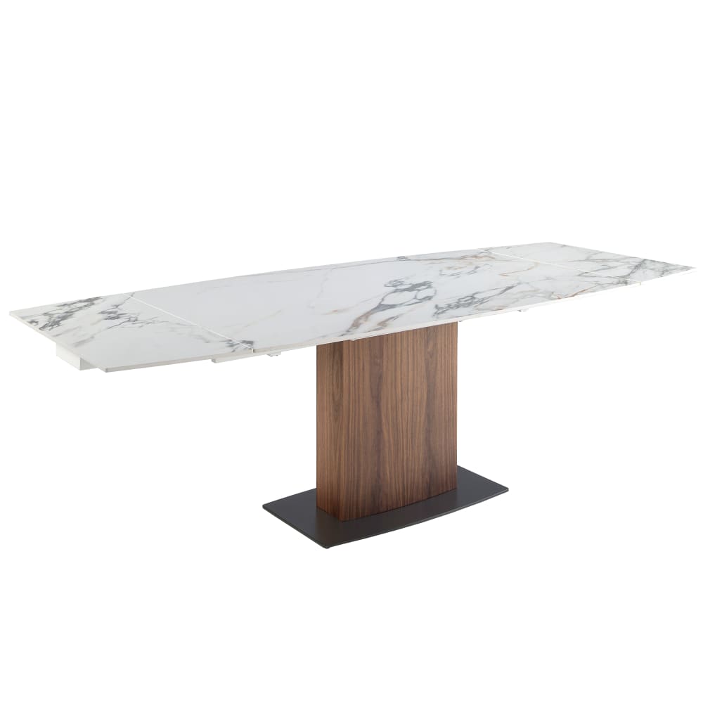 Table à manger à rallonge baril ovale marbre porcelaine et noyer