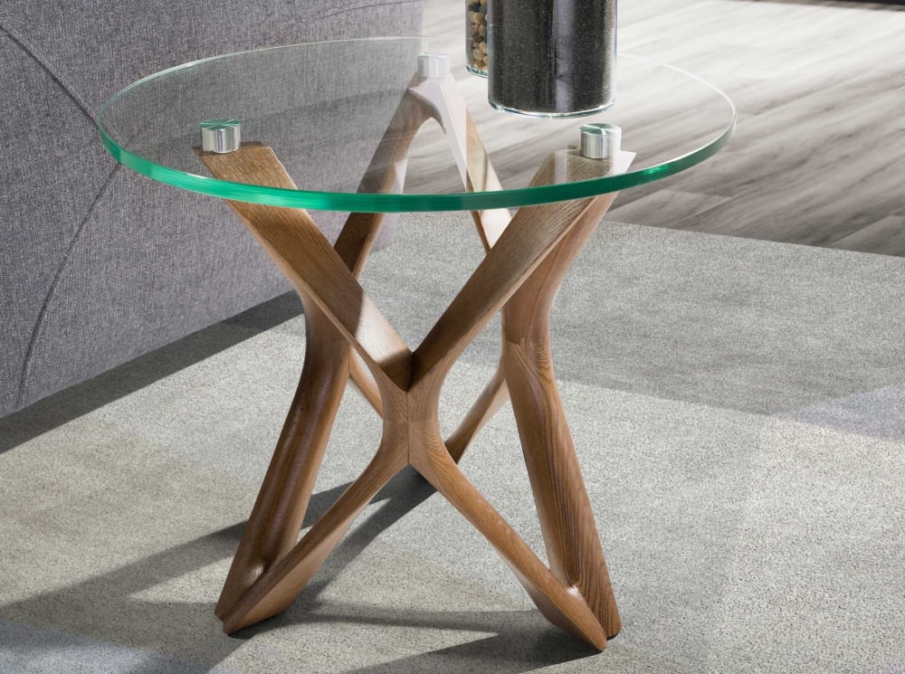 Table d'angle ronde en verre trempé et noyer - Maisons du Monde