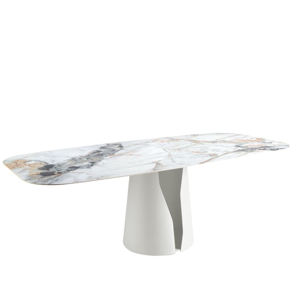 Table à manger baril ovale marbre porcelaine et acier blanc Table à manger baril ovale marbre porcelaine et acier blanc