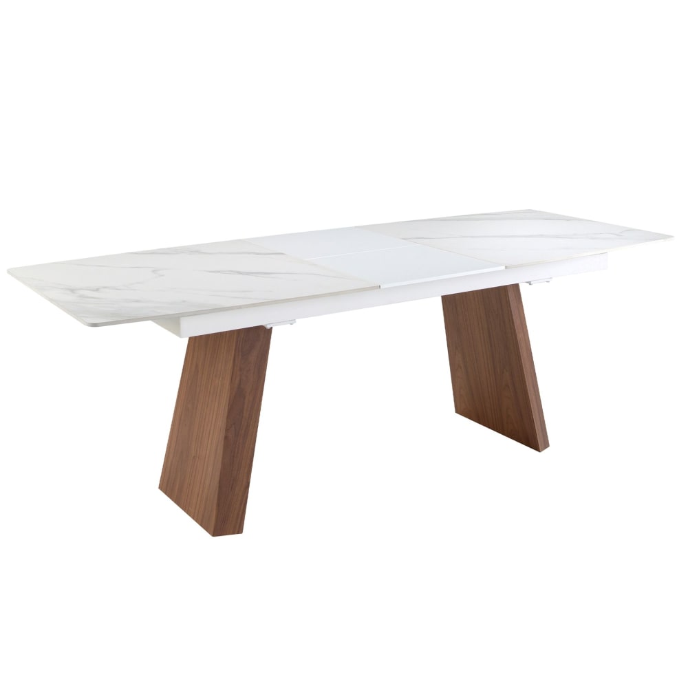 Table à manger à rallonge baril ovale marbre porcelaine et noyer