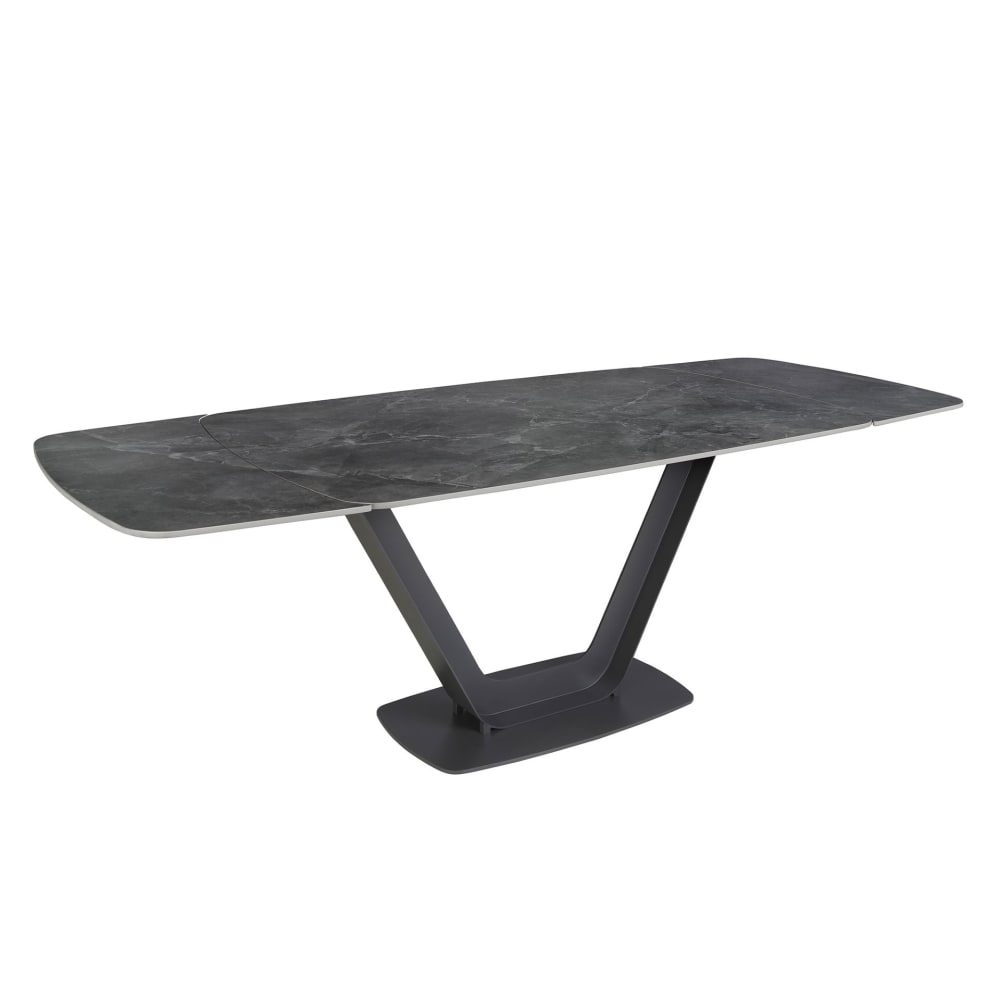 Table à manger à rallonge baril ovale marbre porcelaine et acier noir