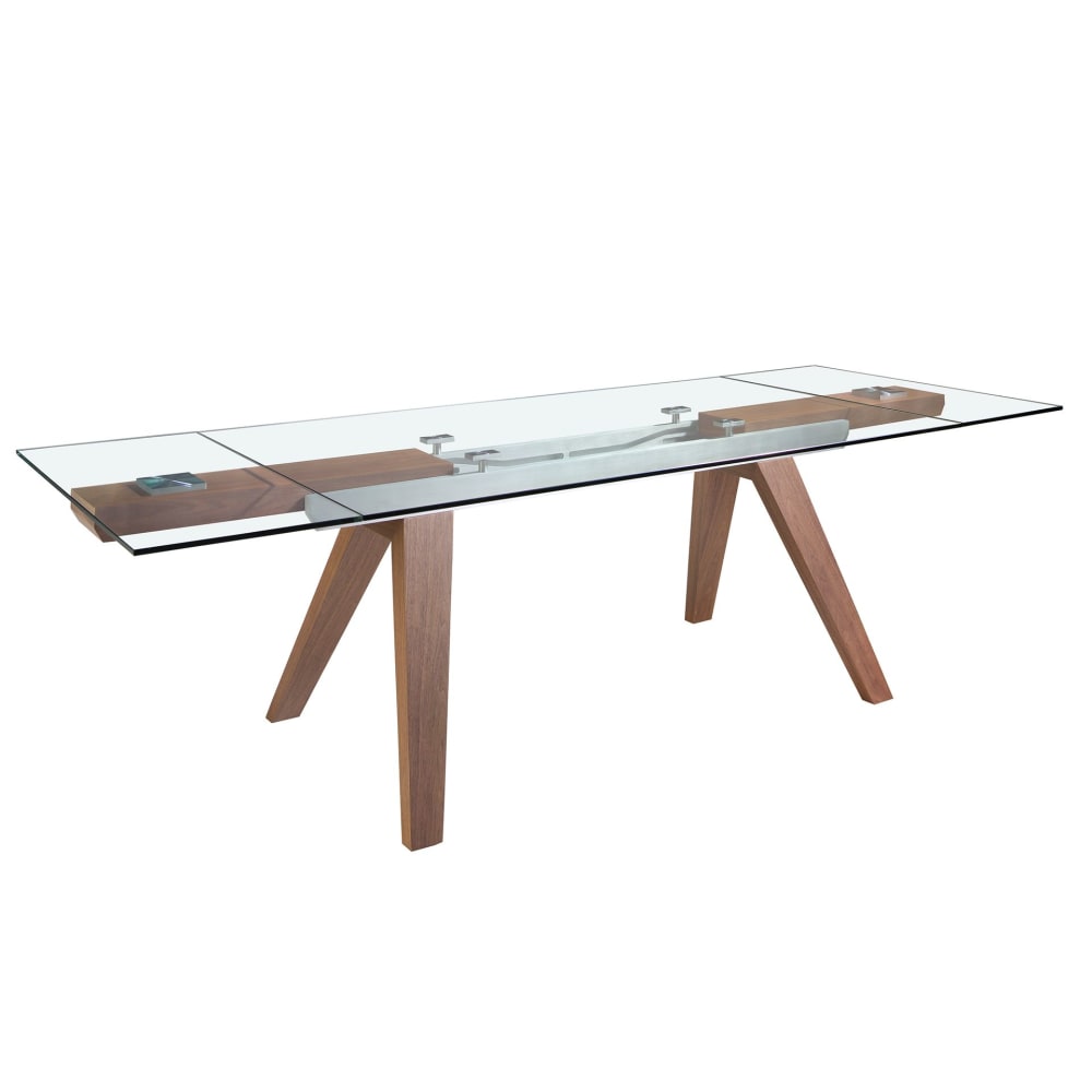 Table à manger à rallonge rectangulaire verre trempé et noyer