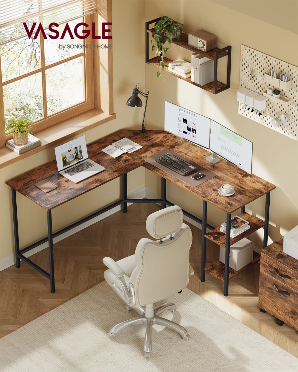 VASAGLE Bureau en l d'angle avec étagères marron et noir style industriel Marron Bois - 140x76x140cm