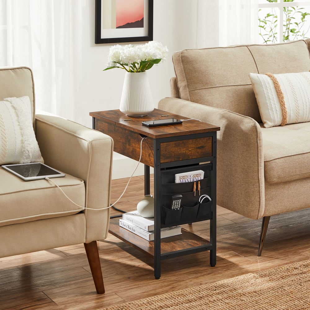 Table d'appoint de chevet avec prises et ports usb marron et noir - Maisons du Monde