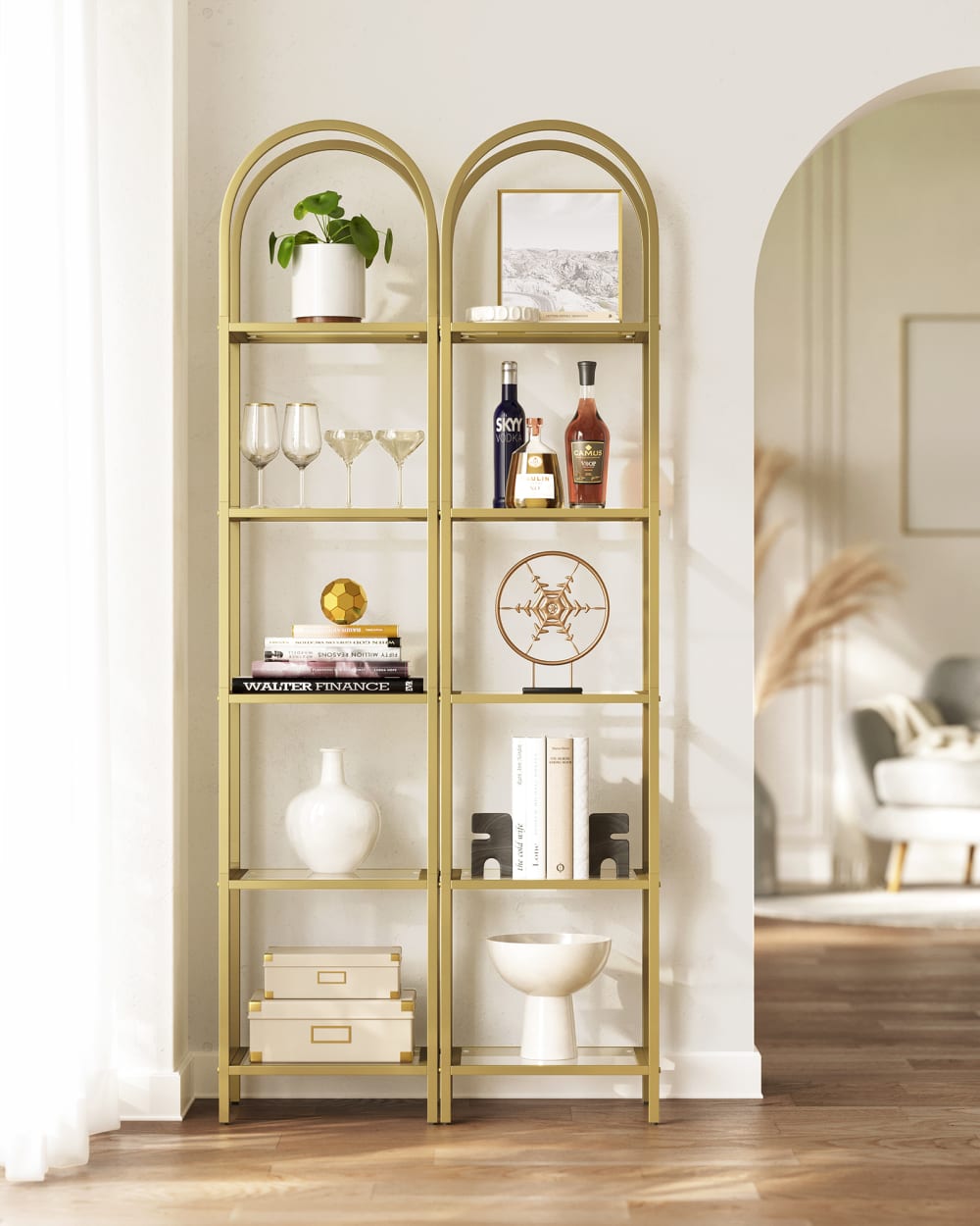 Bibliothèque 5 niveaux de rangement en verre trempé doré - Maisons du Monde