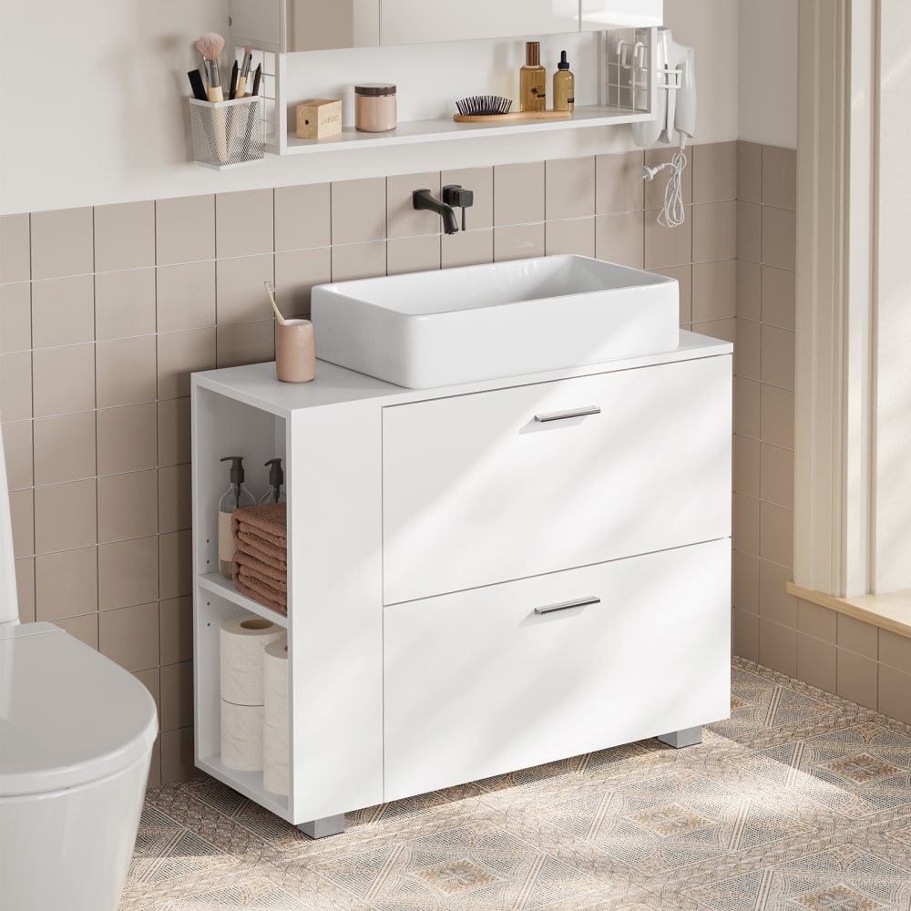 Meuble sous lavabo avec 2 grands tiroirs 30 x 80 x 64 cm blanc nuage