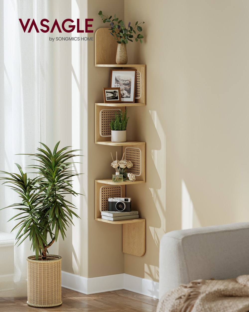VASAGLE Étagère d'angle murale flottante à 5 niveaux en zigzag beige style contemporain Beige Panneau De Particules - 20x126x20cm