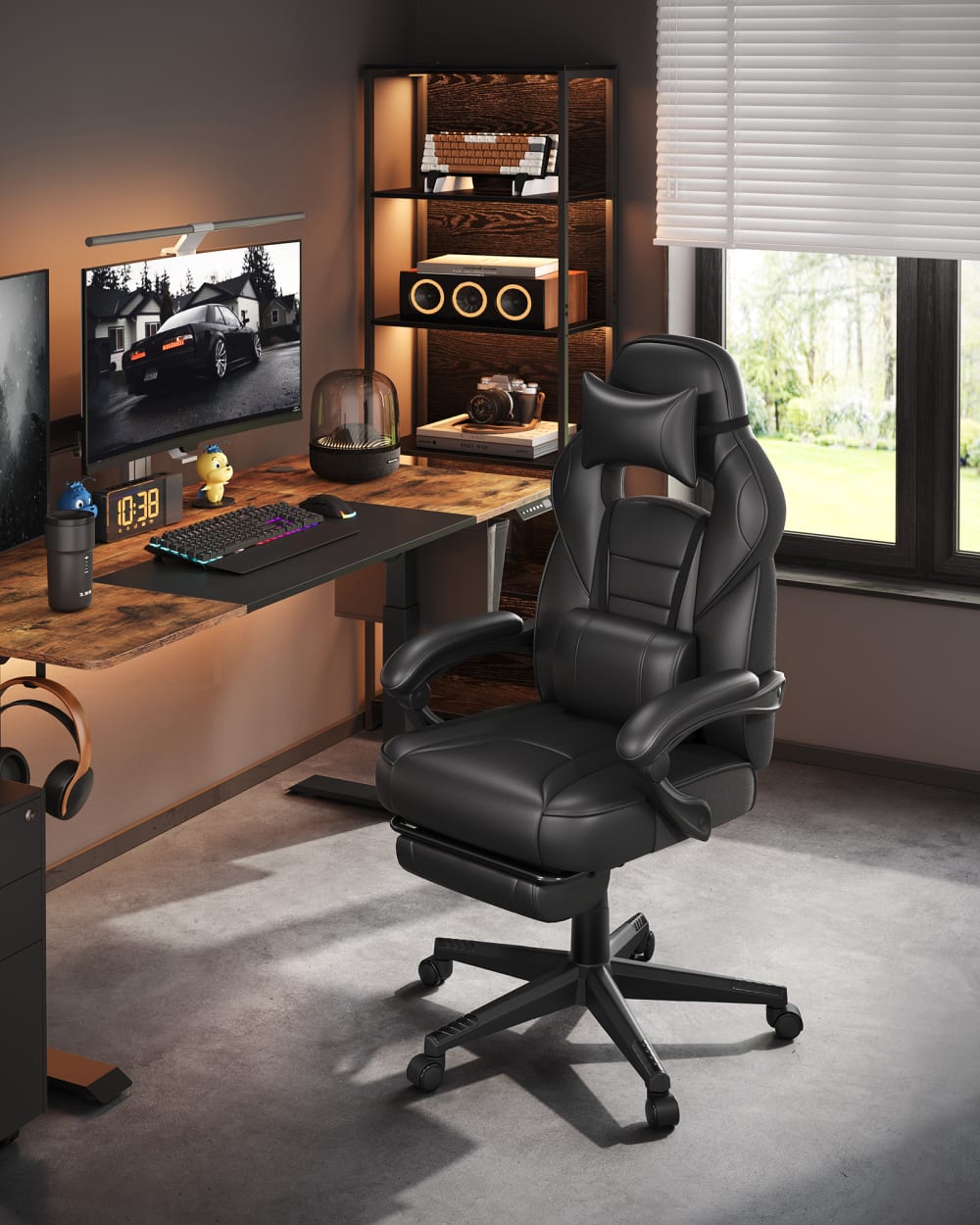 Fauteuil de bureau repose-pieds télescopique noir d'encre