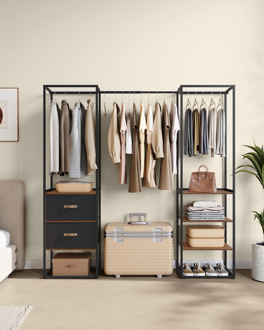 Armoire ouverte acier panneau mdf tissu marron rustique