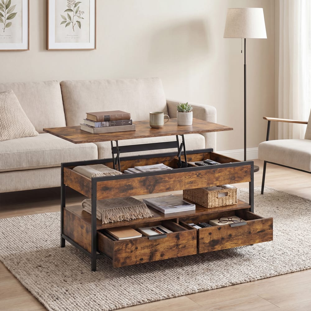 VASAGLE Table basse moderne avec plateau 100 x 50 x 48-62 cm marron et noir style industriel Marron Panneau De Particules - 100x63x50cm