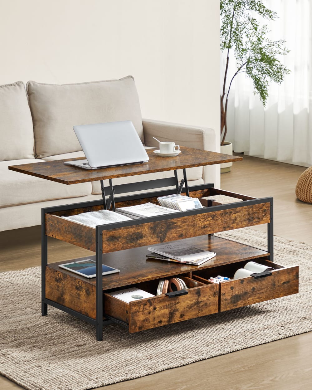 Table basse avec plateau relevable effet bois marron rustique