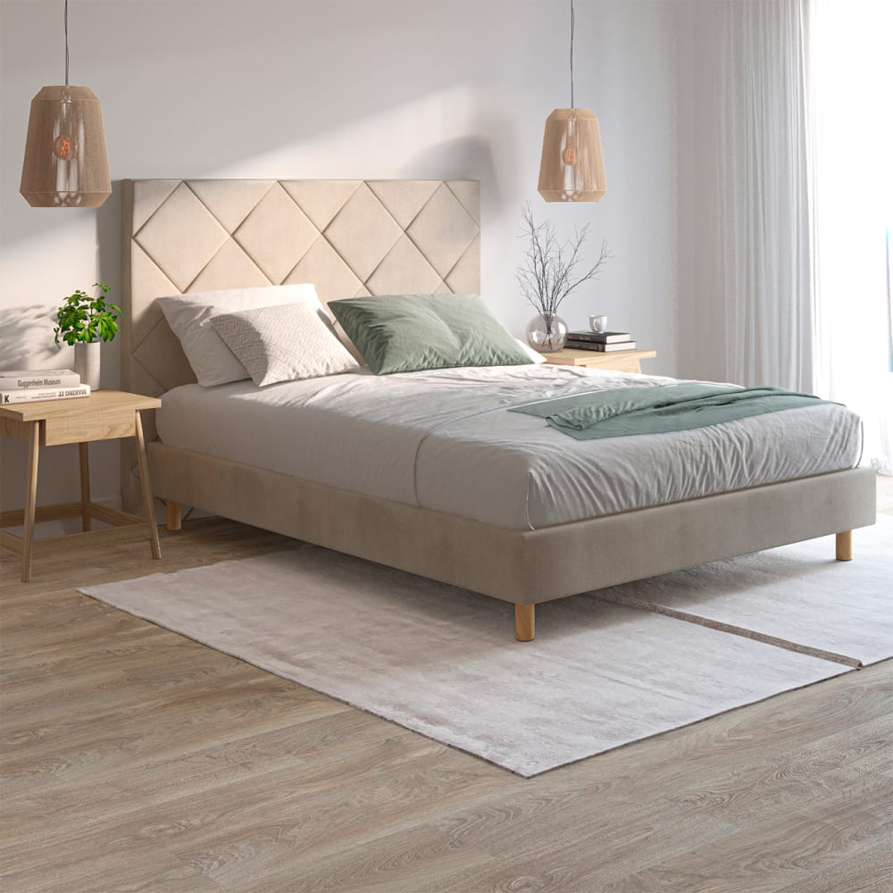 Tête de lit à relief géométrique beige, lit 135 cm, 145x120 cm