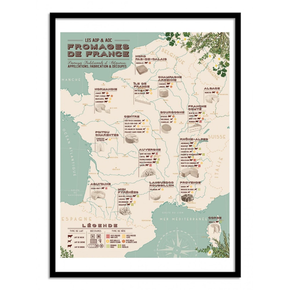 Affiche 50x70 cm et cadre noir - Carte des fromages de France - Frog