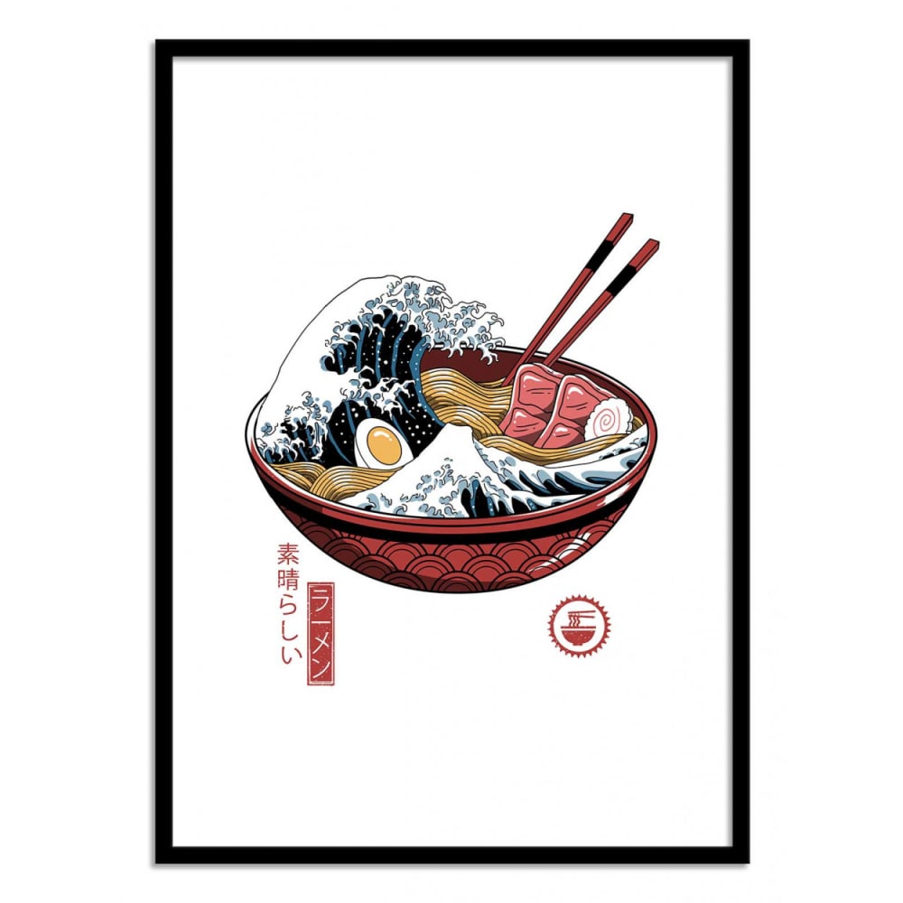 Affiche 50x70 cm et cadre noir - Great ramen wave White version - Vin