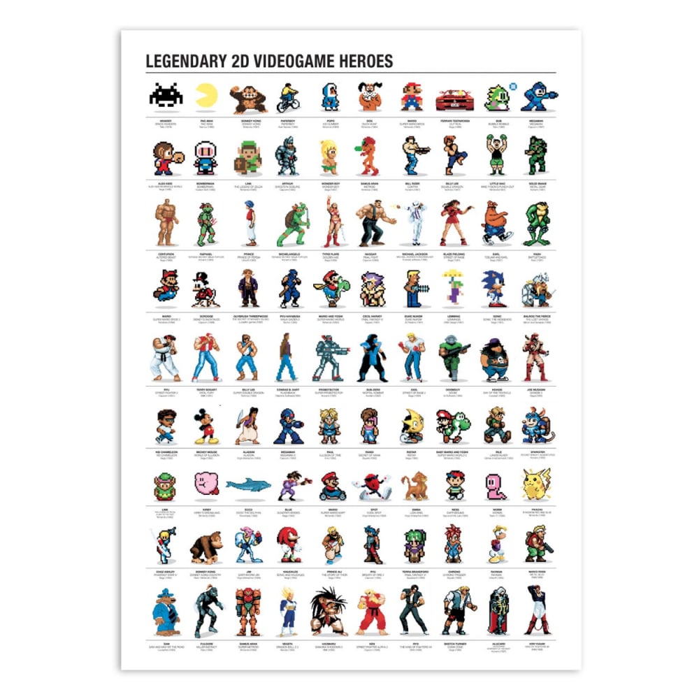 Affiche 50x70 cm - Legendary 2D Videogame heroes - Olivier Bourdereau