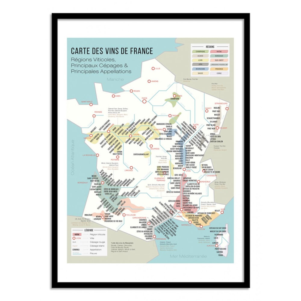 Affiche 50x70 cm et cadre noir - Carte des vins de France - Frog Post