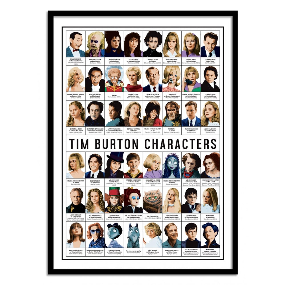 Affiche 30x40 cm et cadre noir - Tim Burton characters - Olivier Bour